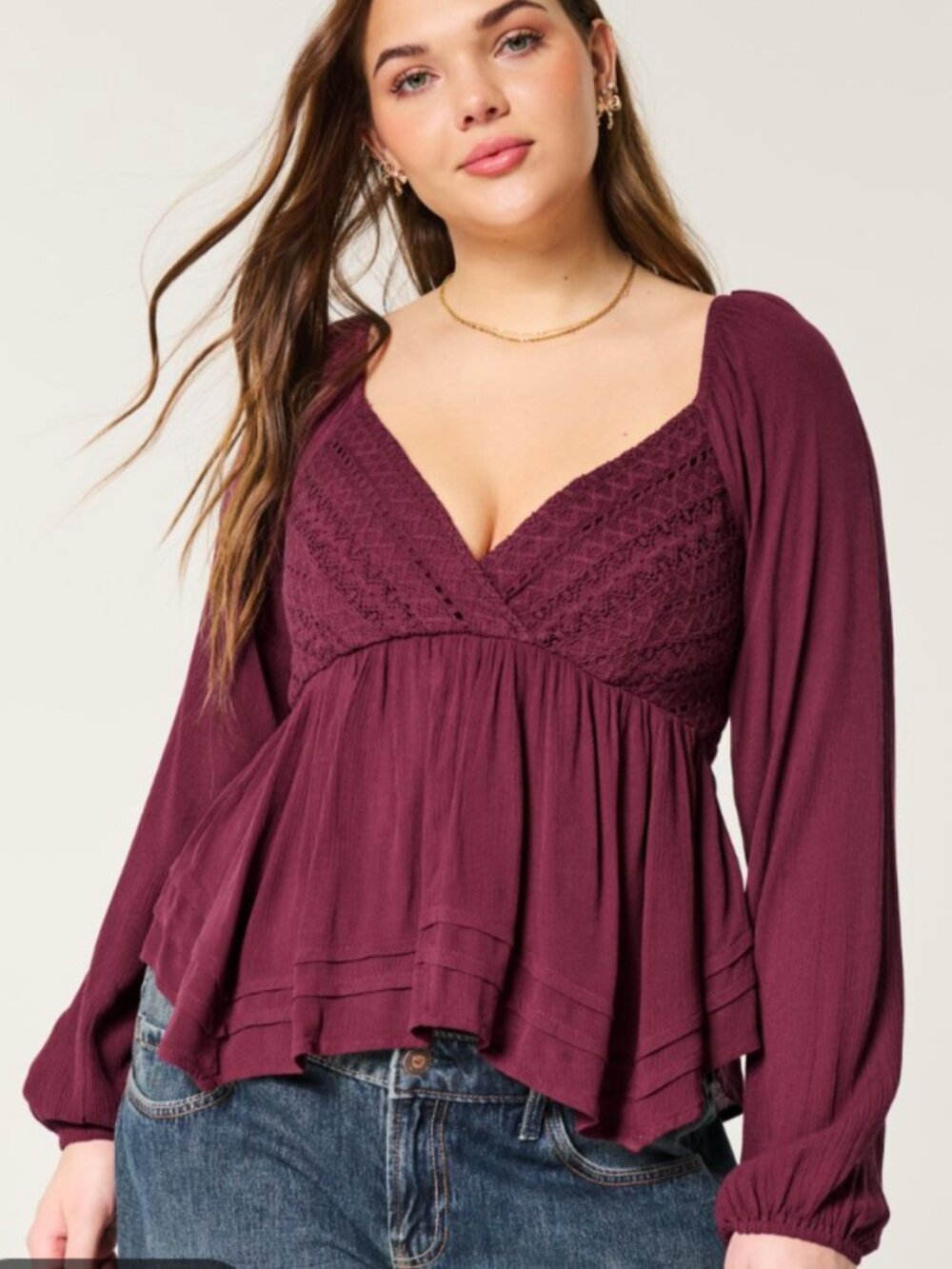Hollister Crochet Bodice Babydoll Top M Burgundy Long Sleeve Coquette Boho Chic